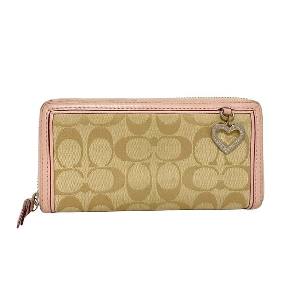 COACH Signature - Beige Light Pink Jacquard Leather Long Wallet - Picture 1 of 7